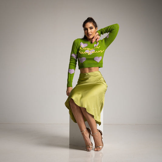 LONG OLIVE SATIN SKIRT