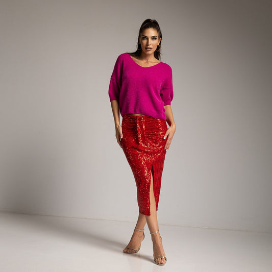RED SEQUINS MIDI SKIRT