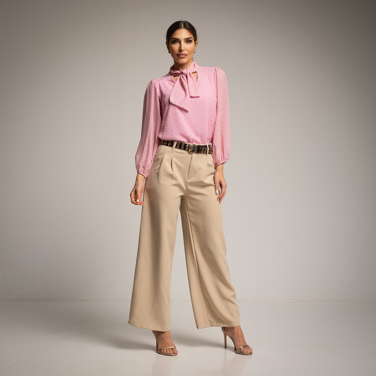 PINK LAVALLIERE POLKA DOT SHIRT