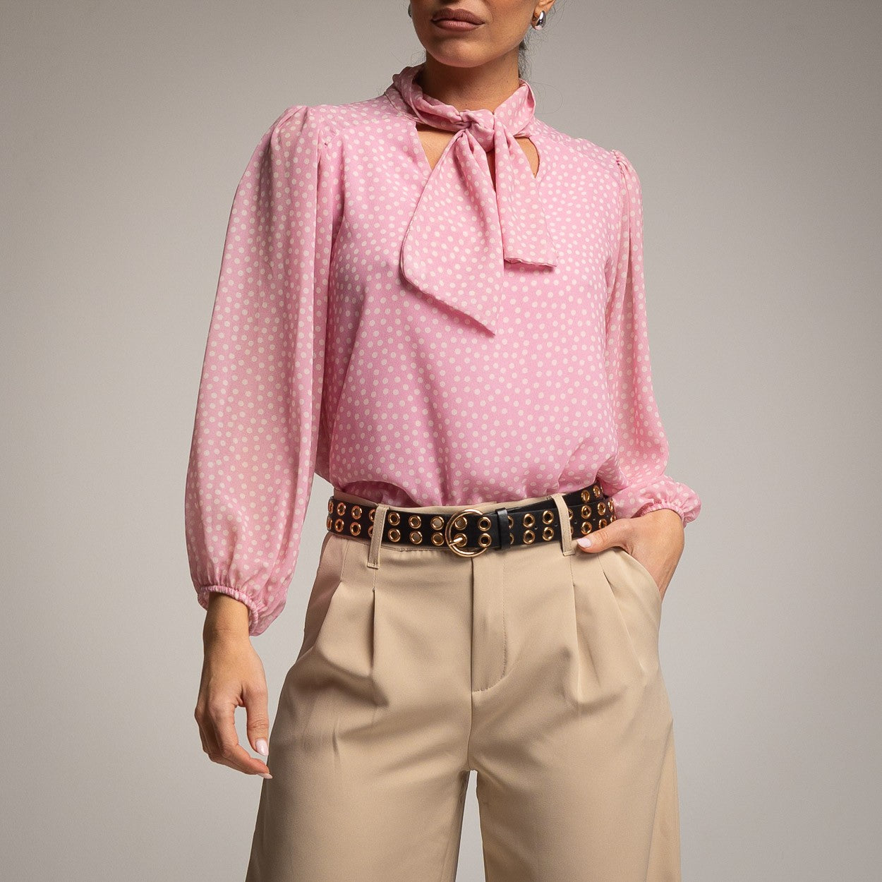PINK LAVALLIERE POLKA DOT SHIRT