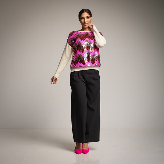 TRI COLOR RED SILVER AND PINK SEQUINS SWEATER