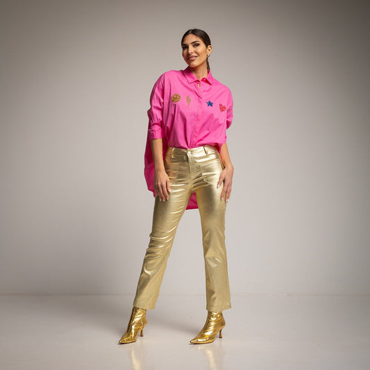 PINK OVERSIZED SHIRT WITH CRYSTAL PATCHES