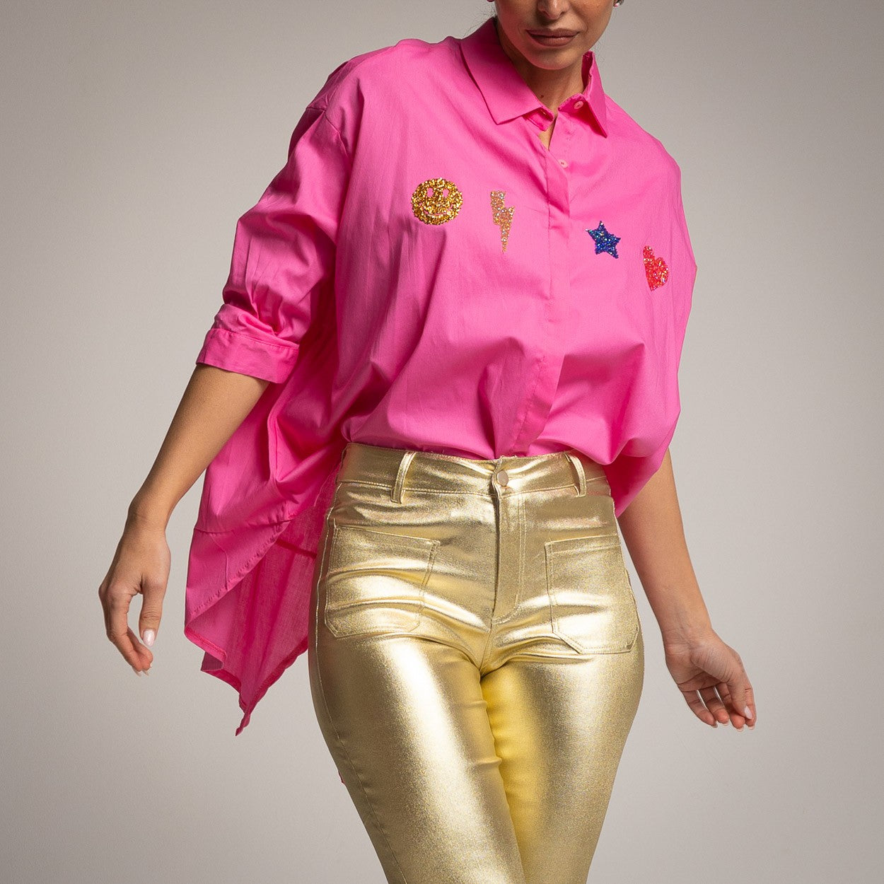 PINK OVERSIZED SHIRT WITH CRYSTAL PATCHES