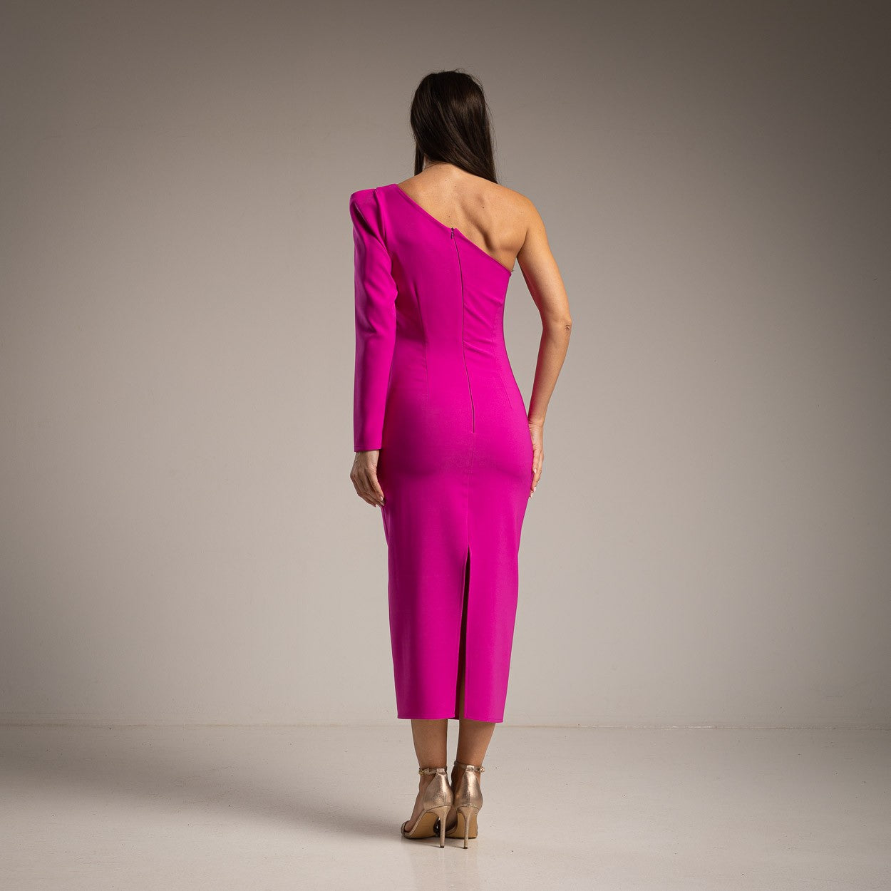 ASYMMETRIC FUSCHIA MIDI DRESS