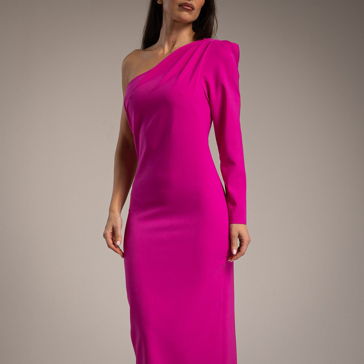 ASYMMETRIC FUSCHIA MIDI DRESS