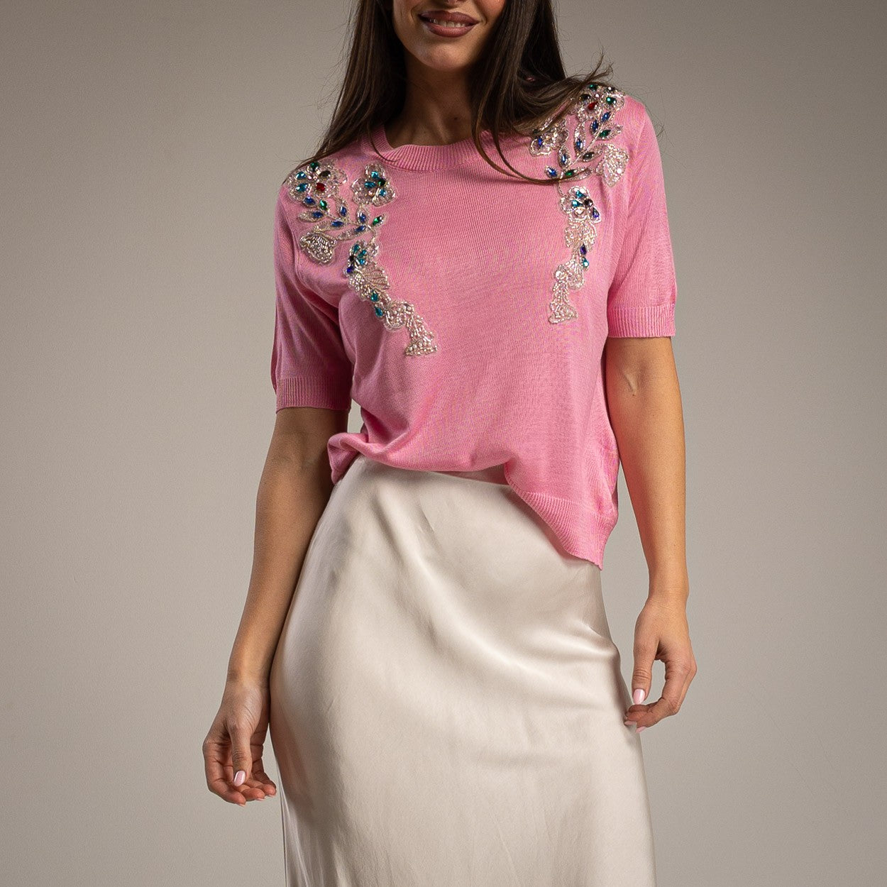PINK JERSEY WITH CRYSTALS EMBROIDERED FLOWERS