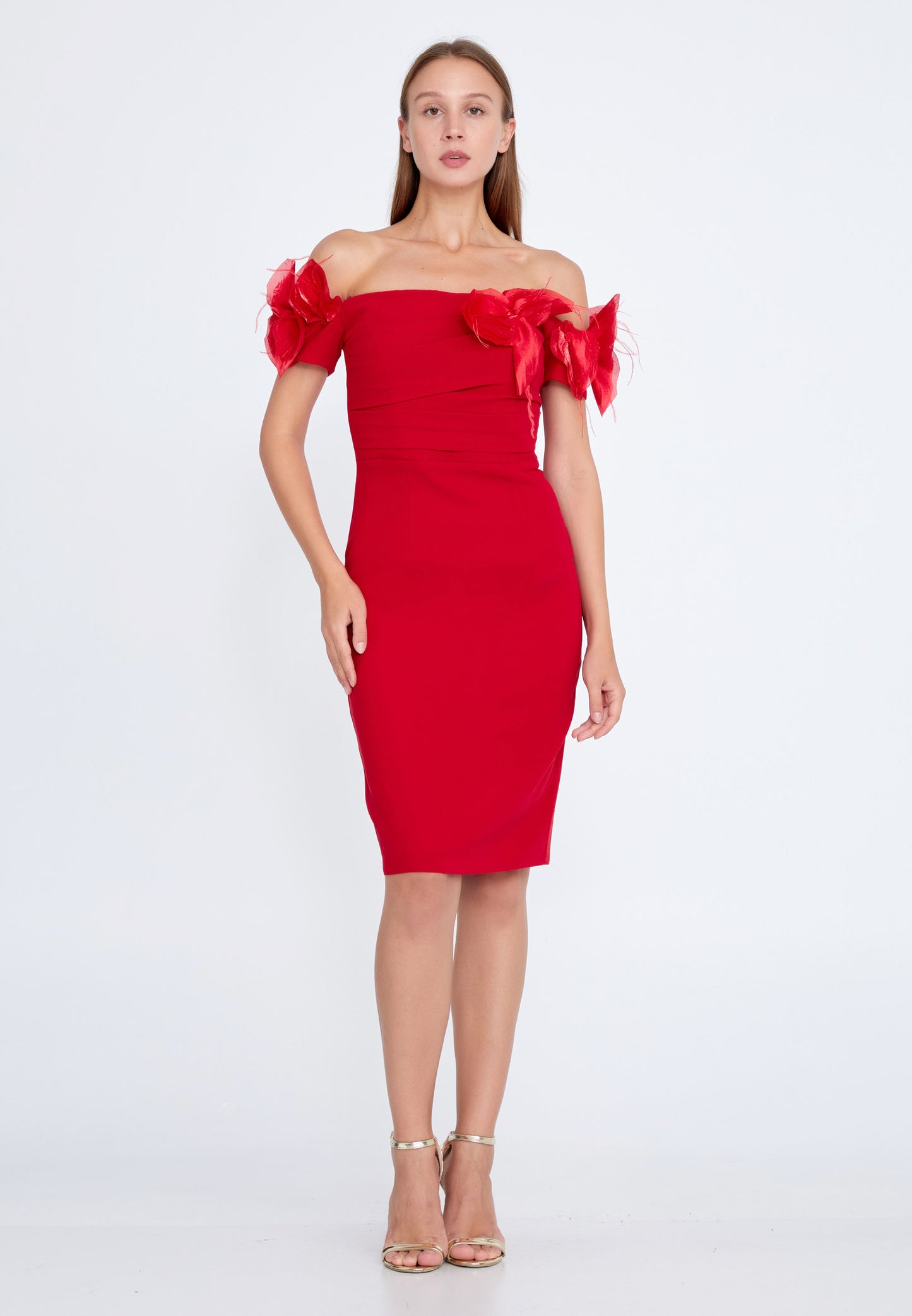 RED OFF SHOULDER FLOWERS COCKTAIL DRESS