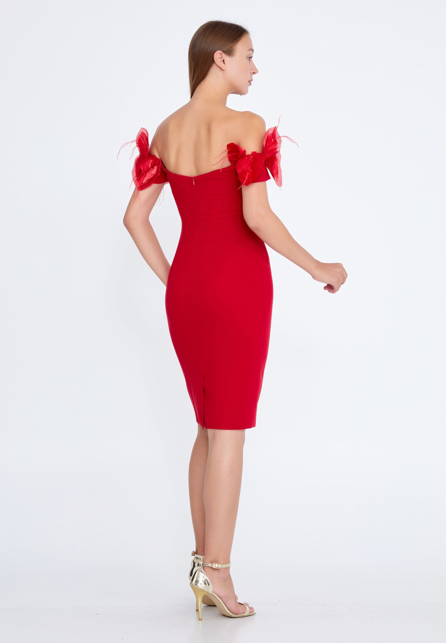 RED OFF SHOULDER FLOWERS COCKTAIL DRESS