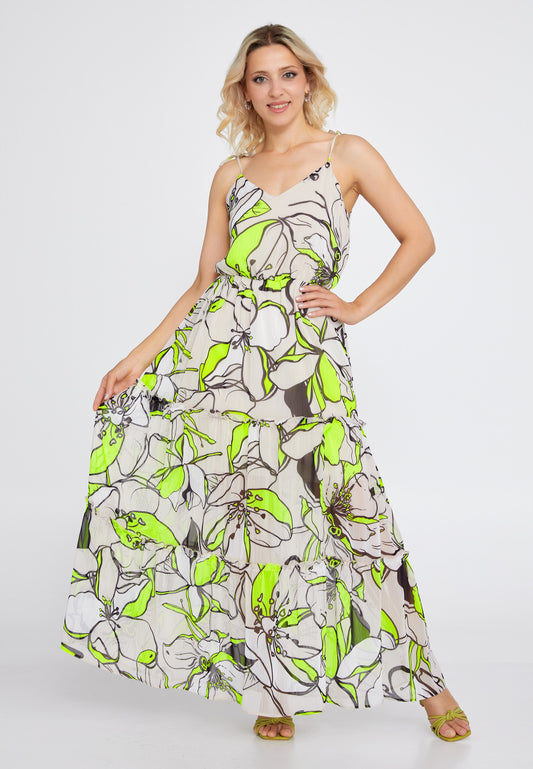 LONG CHIFFON YELLOW FLOWER PRINT DRESS