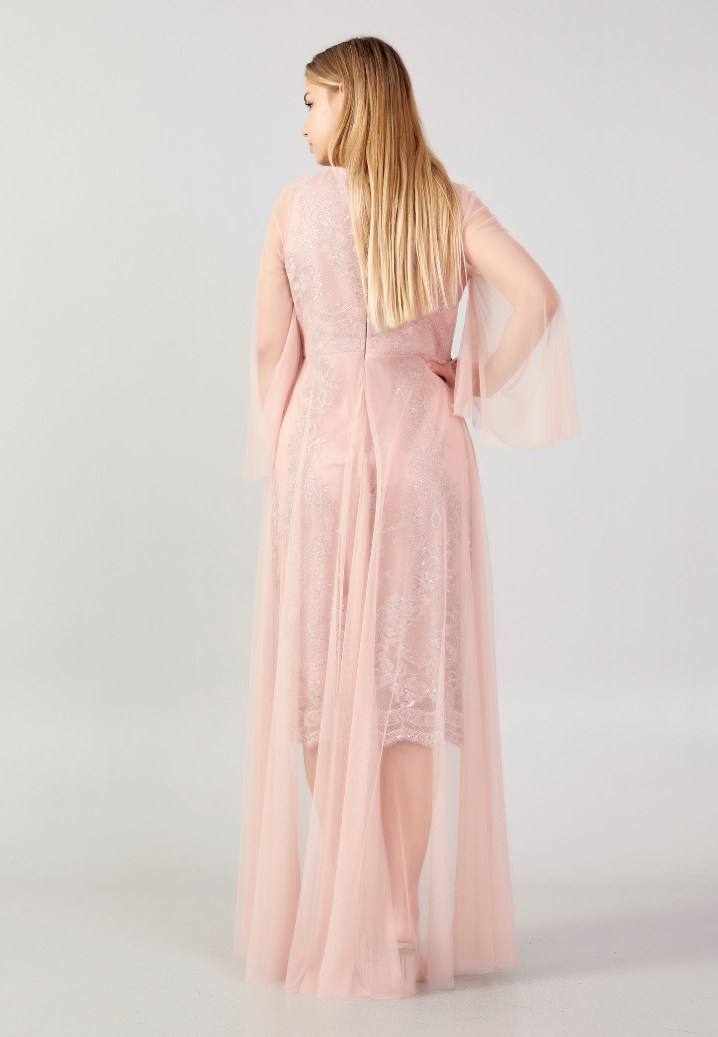 Romantic powder pink lace tulle dress