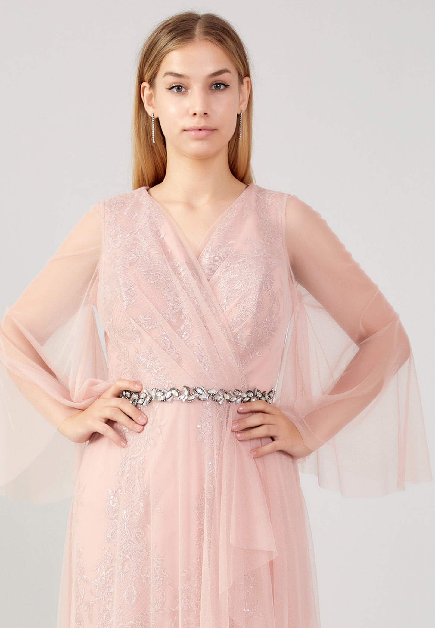 Romantic powder pink lace tulle dress