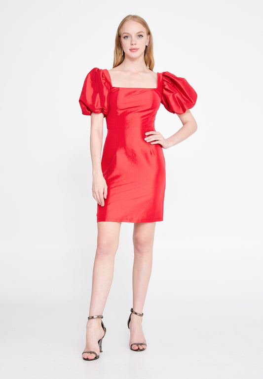RED TAFFETA PUFF SLEEVED DRESS