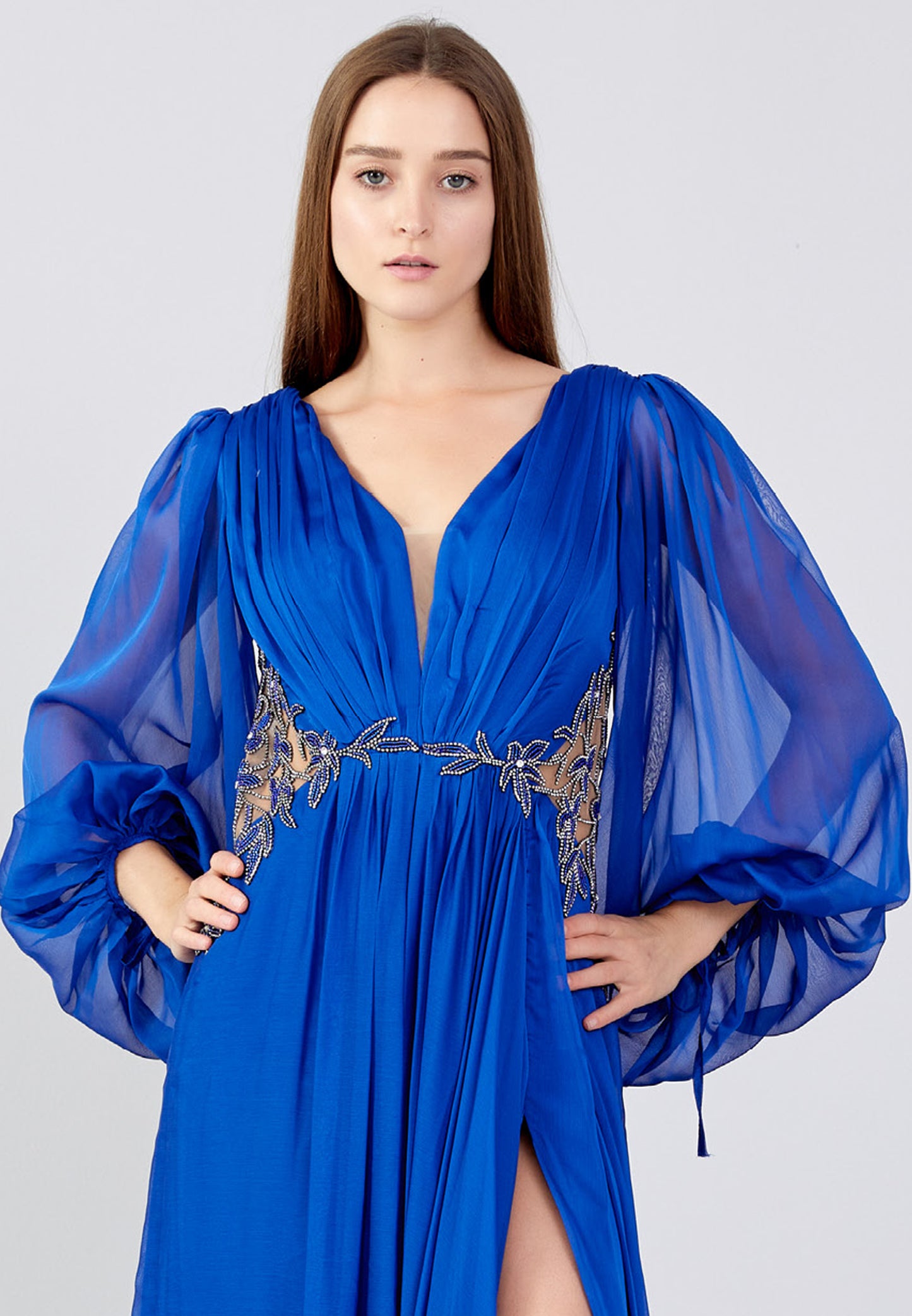 ROYAL BLUE SILK CHIFFON GOWN