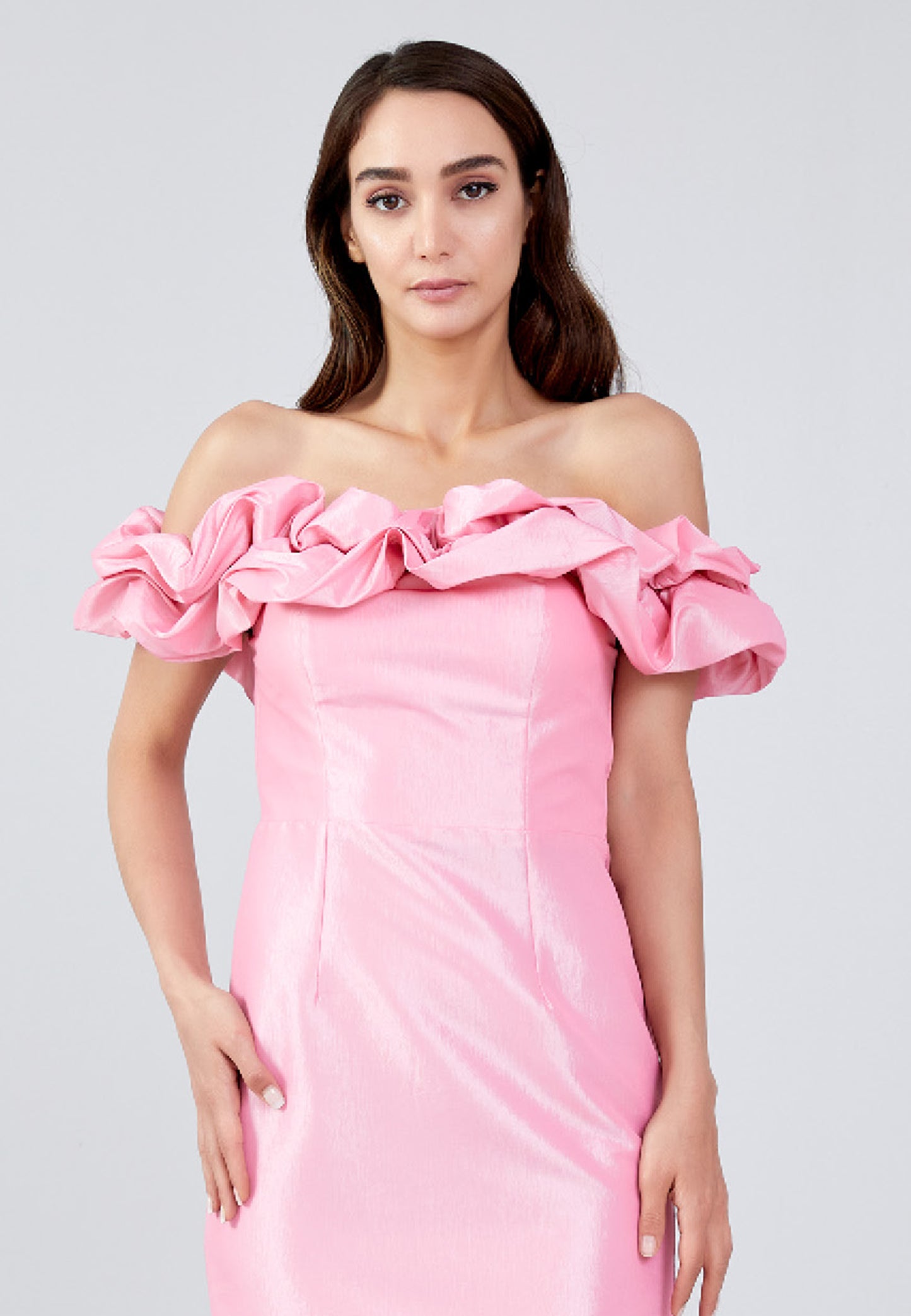 PINK TAFFETA OVER SHOULDER COCKTAIL DRESS