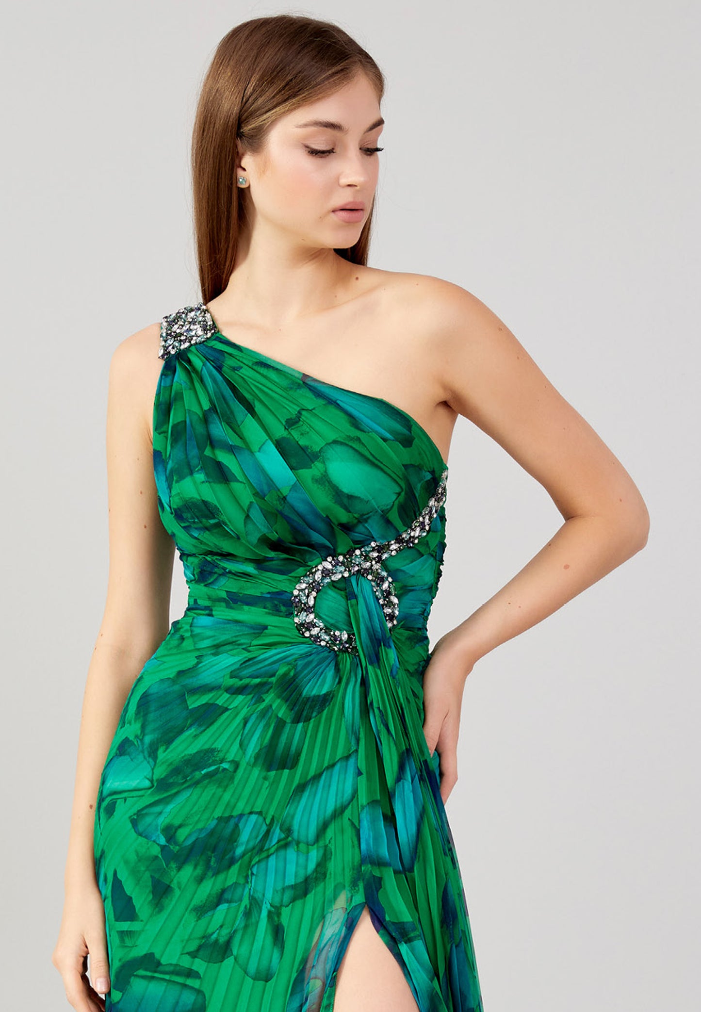 Long asymmetric green floral dress