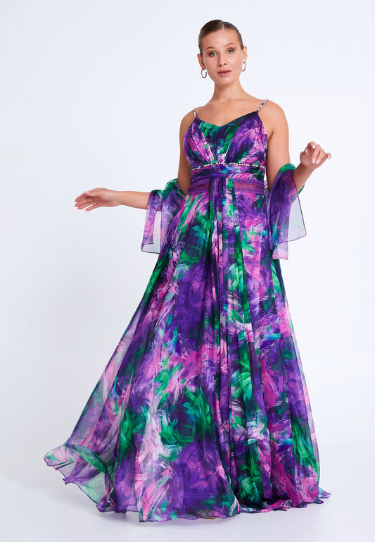 LONG CHIFFON TROPICAL PURPLES AND GREEN  PRINT EVENING GOWN