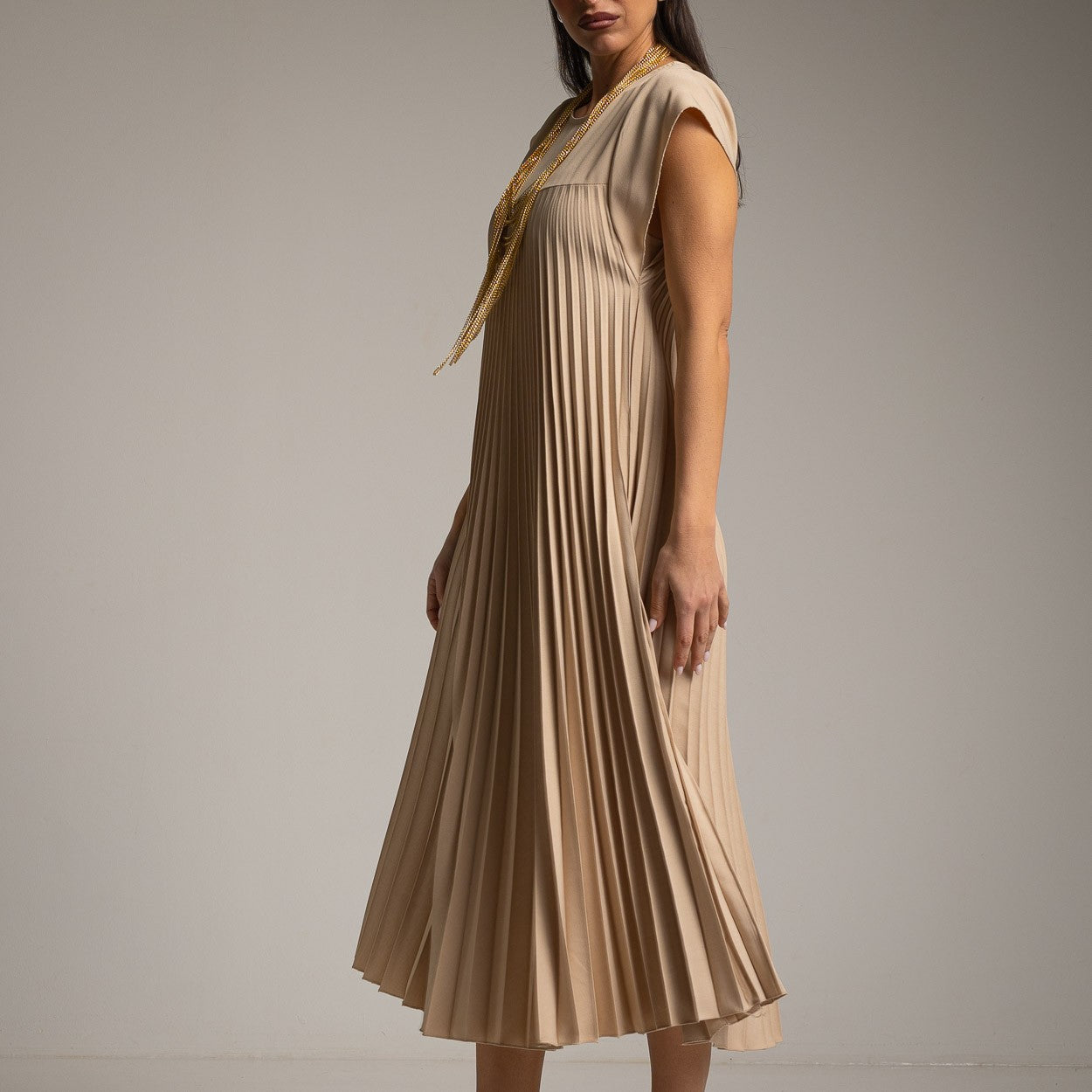PLEATED BEIGE LONG SUMMER DRESS