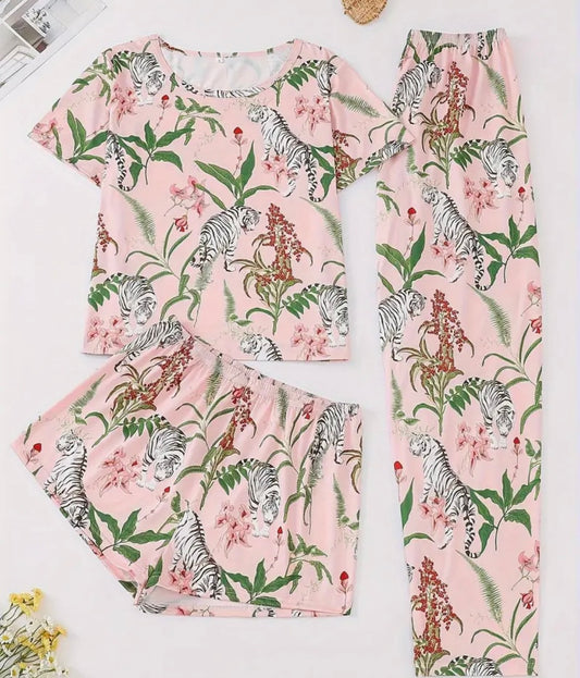 3 PIECES SET PINK EXOTIC TIGER PYJAMAS