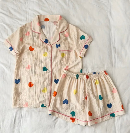 HEART  PRINT SHORT PYJAMAS SET
