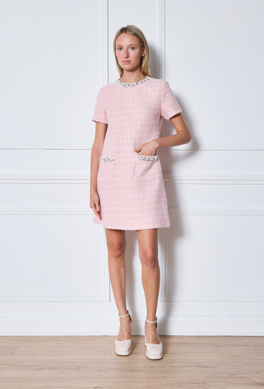 A-LINE SHORT SLEEVE BABY PINK TWEED DRESS