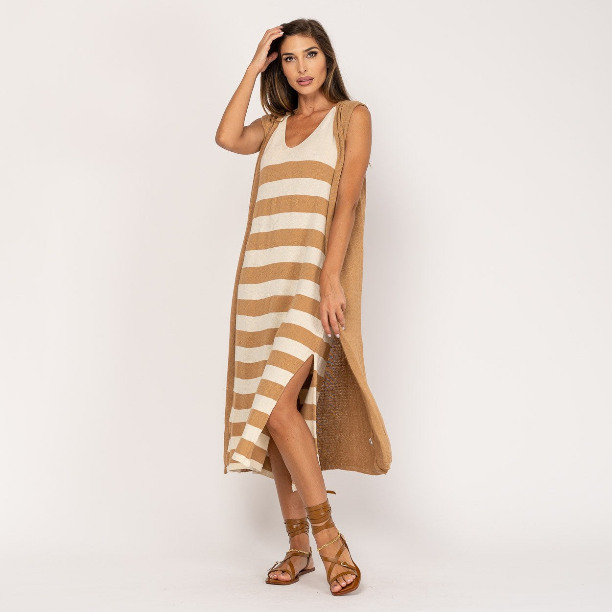 KNIT SUMMER DRESS WITH BROWN AND BEIGE STRIPES