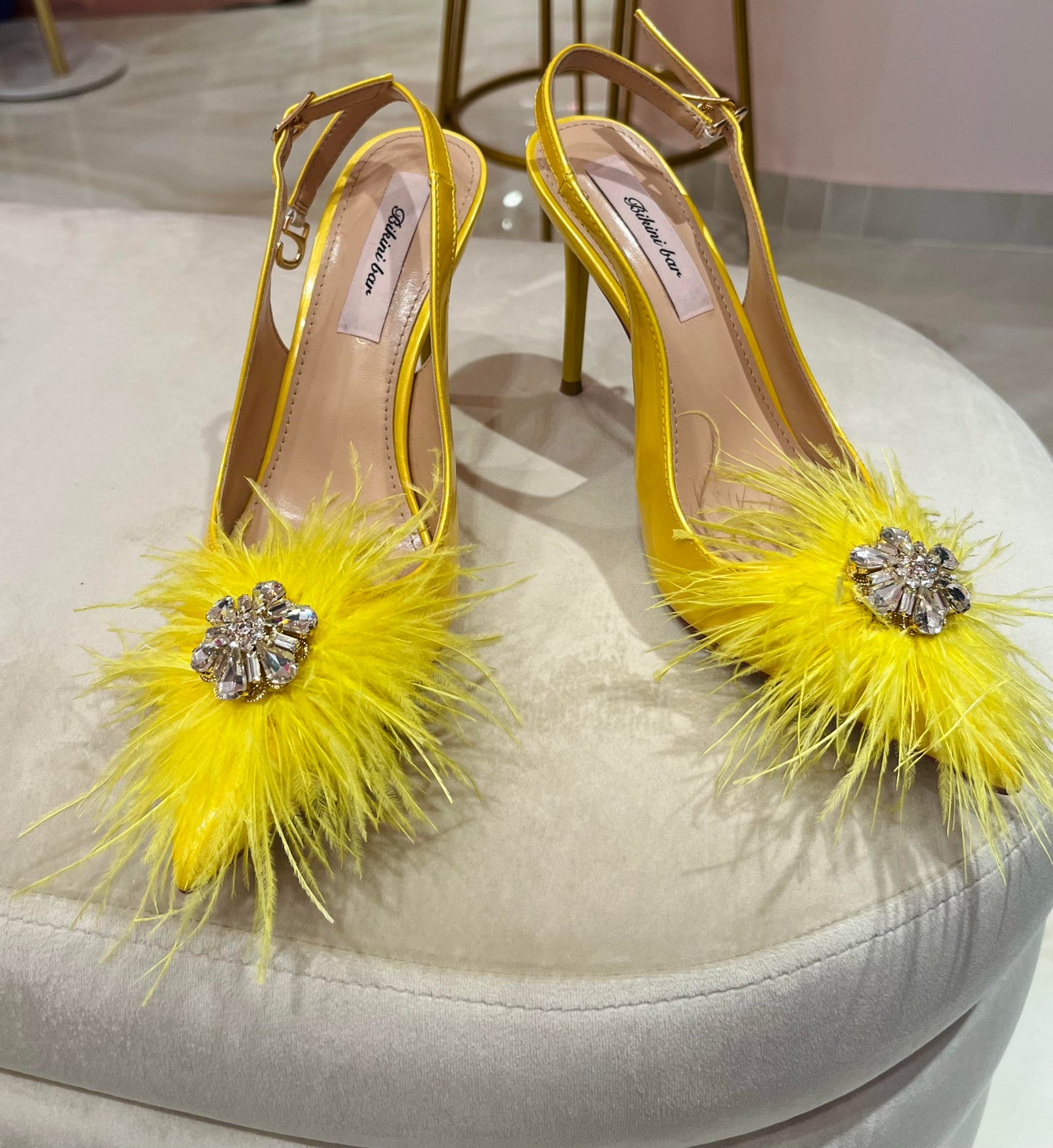 YELLOW OSTRICH CRYSTAL PUMP