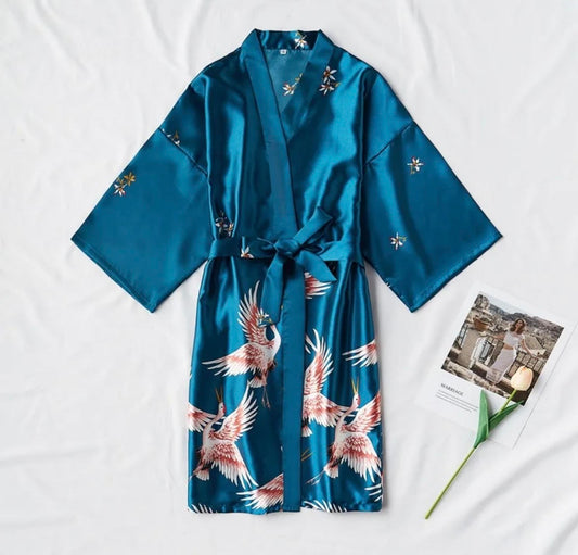 BLUE SATIN STORK PRINT BATHROPE