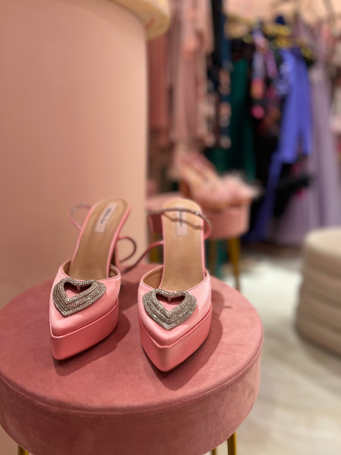 PINK SATIN CRYSTAL HEART HEELS