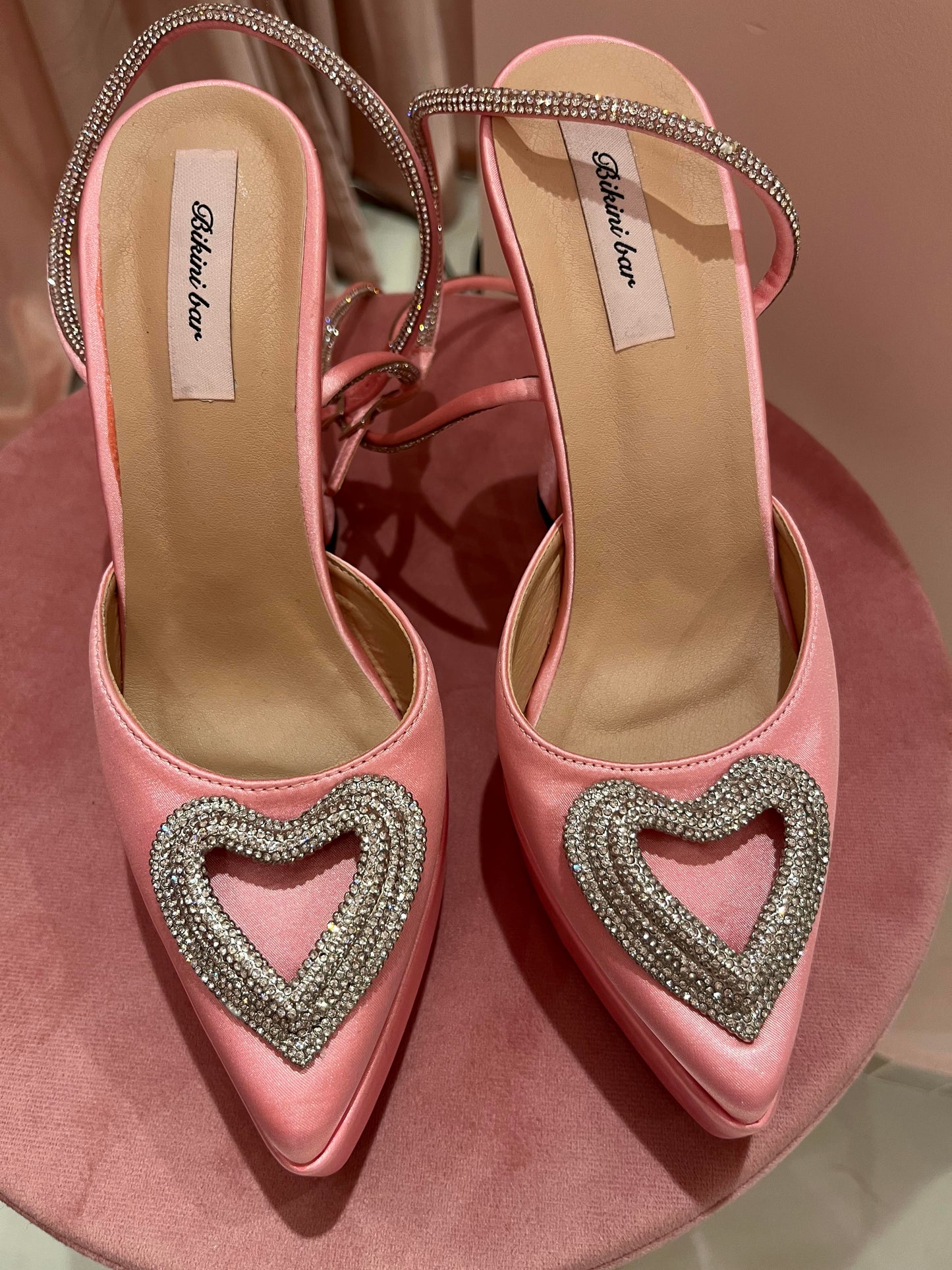 PINK SATIN CRYSTAL HEART HEELS