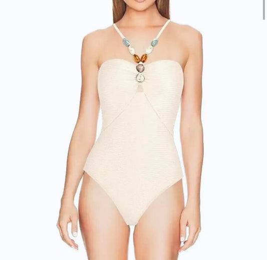 WHITE TEXTURED STRAPPY JEWEL SWIMSUIT