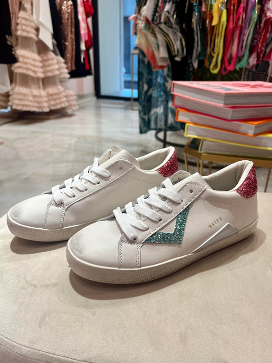 WHITE SNEAKERS WITH GREEN AND PINK GLITTERS TRIM