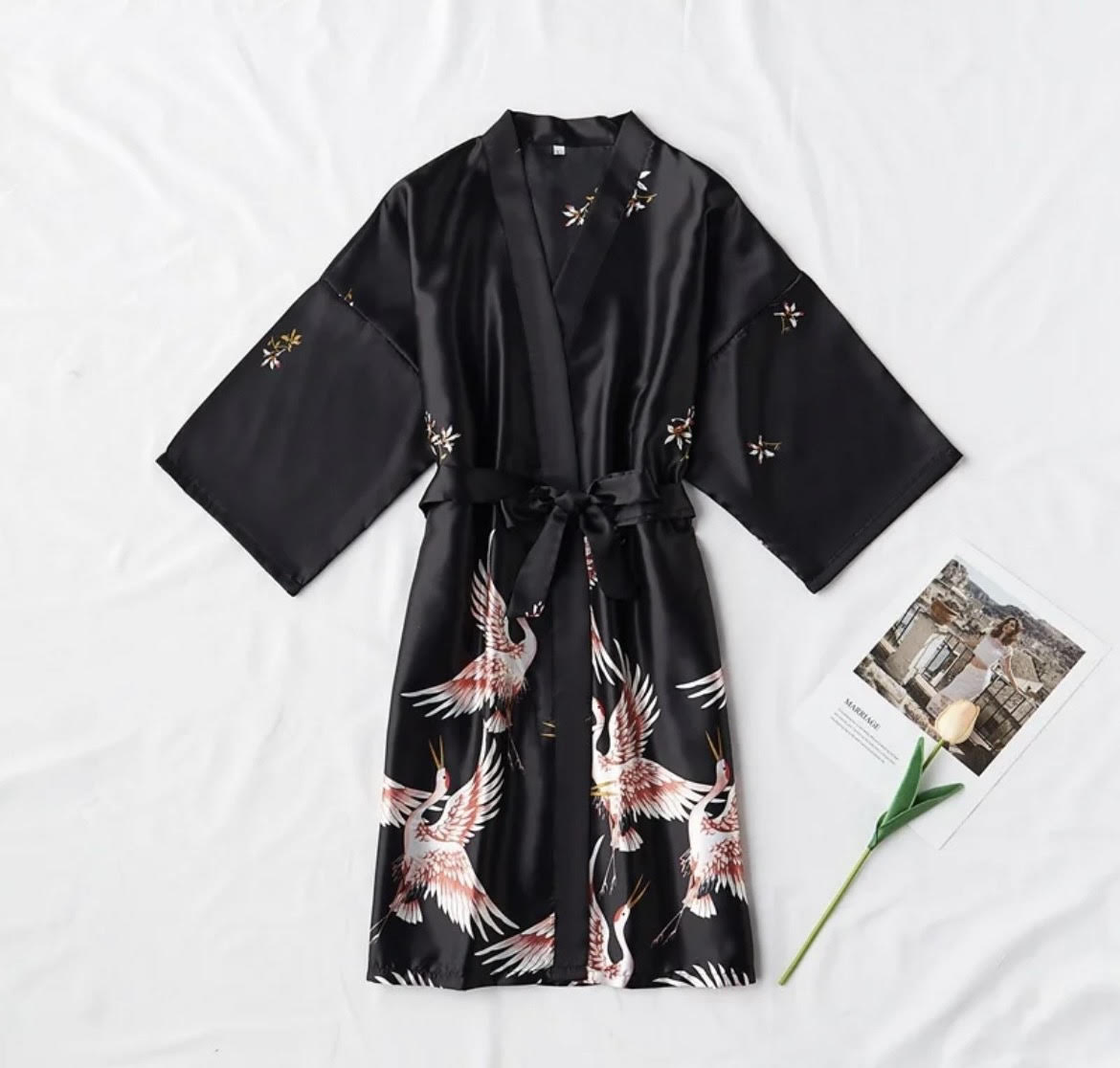 BLACK SATIN  STORK BATHROPE PRINT