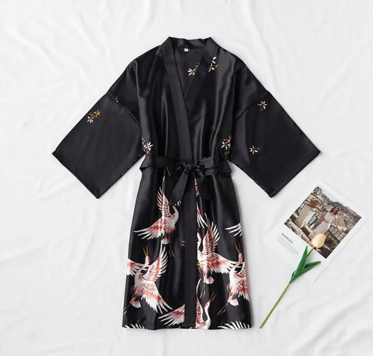 BLACK SATIN  STORK BATHROPE PRINT