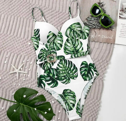 GREEN PALM LEAVES CORSET BATHING SUIT