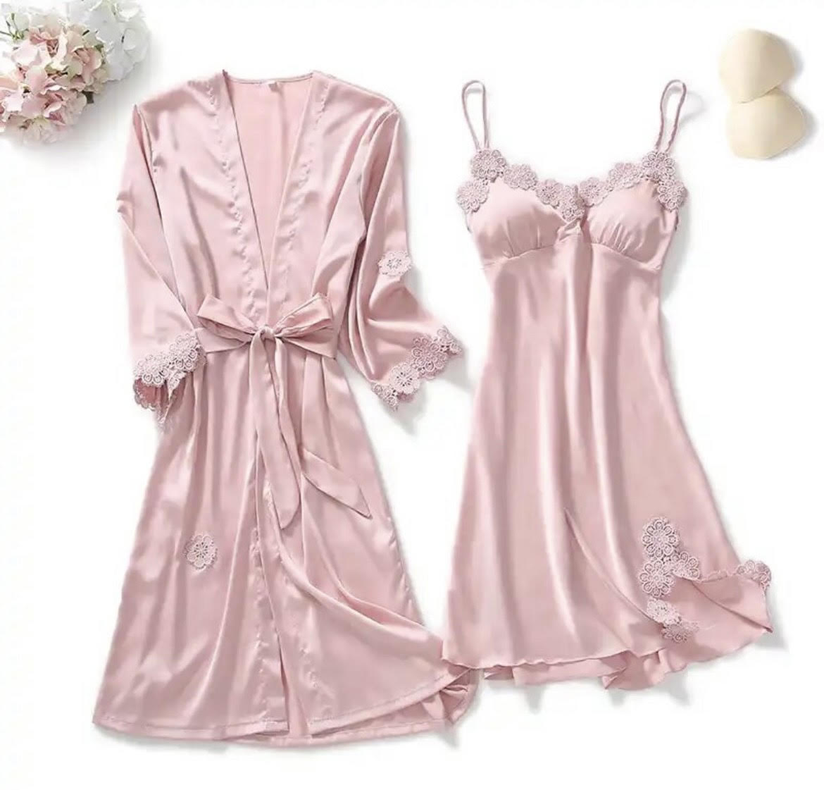 POWDER PINK SATIN BATHROPE WITH LACE
