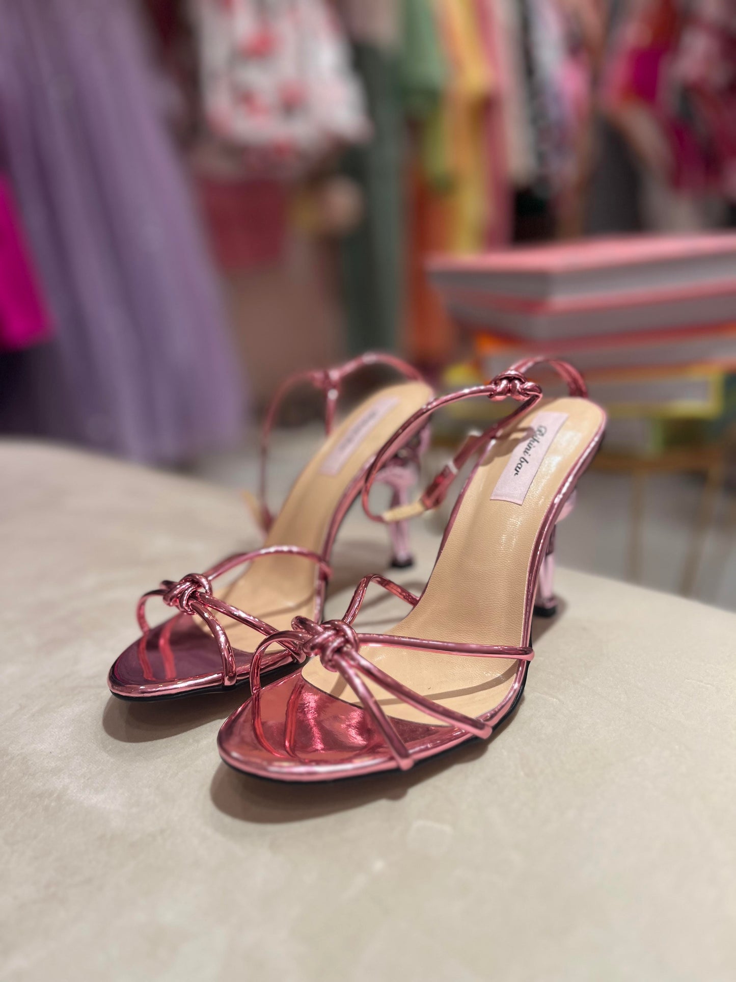 PINK METALLIC  FLAMINGO STRAPY HEELS