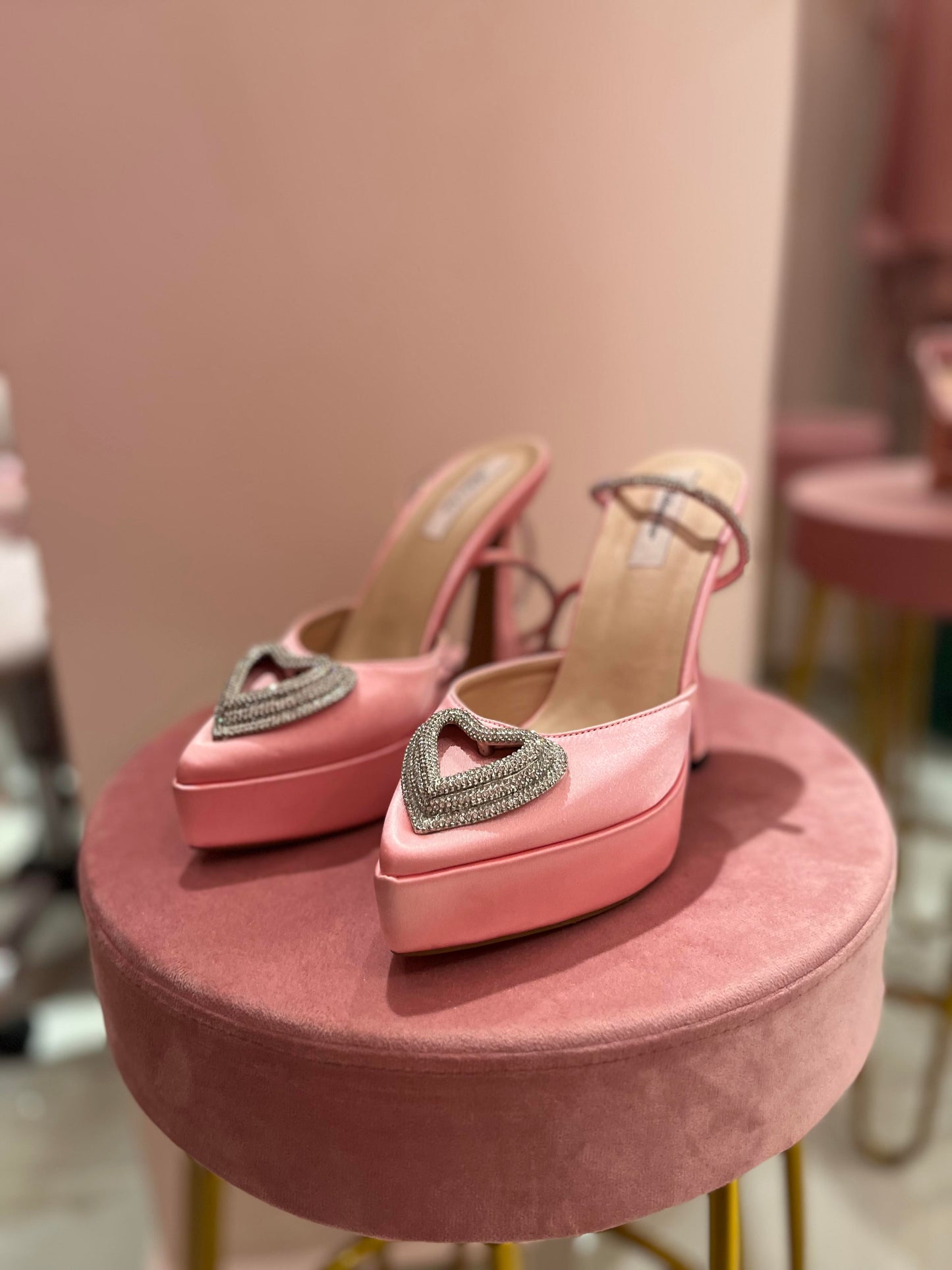 PINK SATIN CRYSTAL HEART HEELS