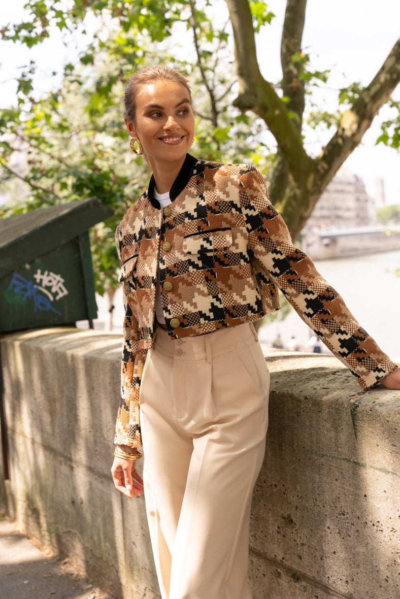 BROWN HOUNDSTOOTH CROP JACKET