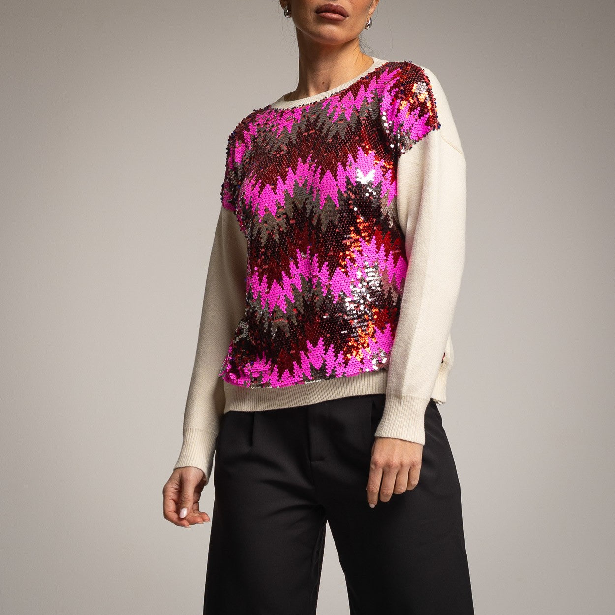 TRI COLOR RED SILVER AND PINK SEQUINS SWEATER