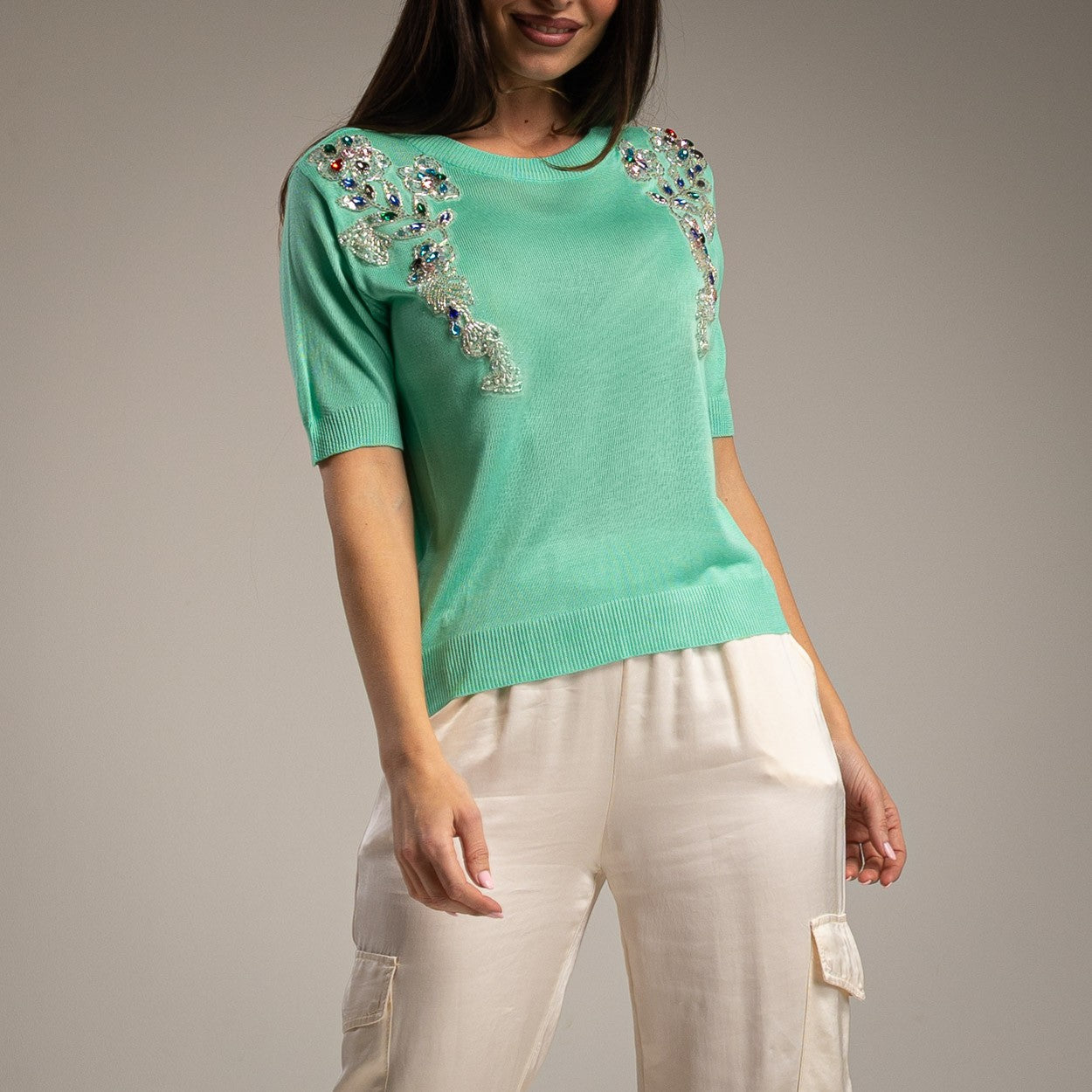 TURQUOISE KNIT SWEATER WITH CRYSTALS EMBROIDERIES