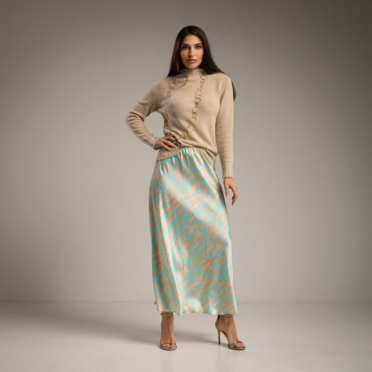 LONG SATIN SEA TURQUOISE PRINT SKIRT