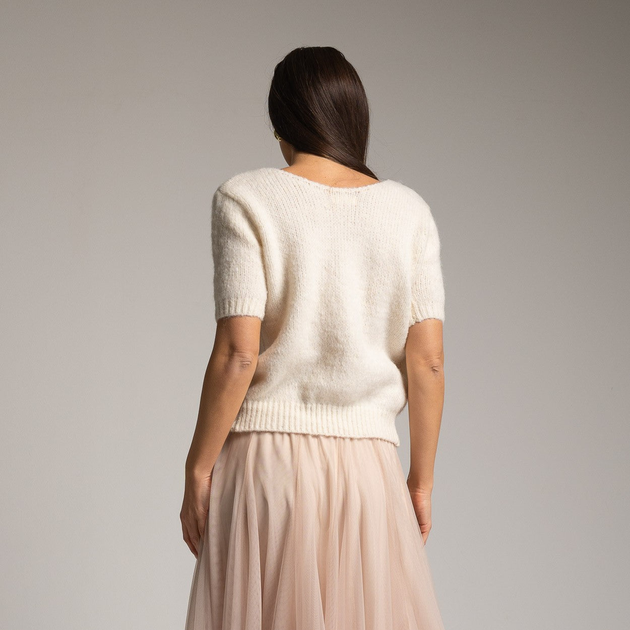 WHITE CREAM TRICOT KNIT SWEATER WITH BOWS