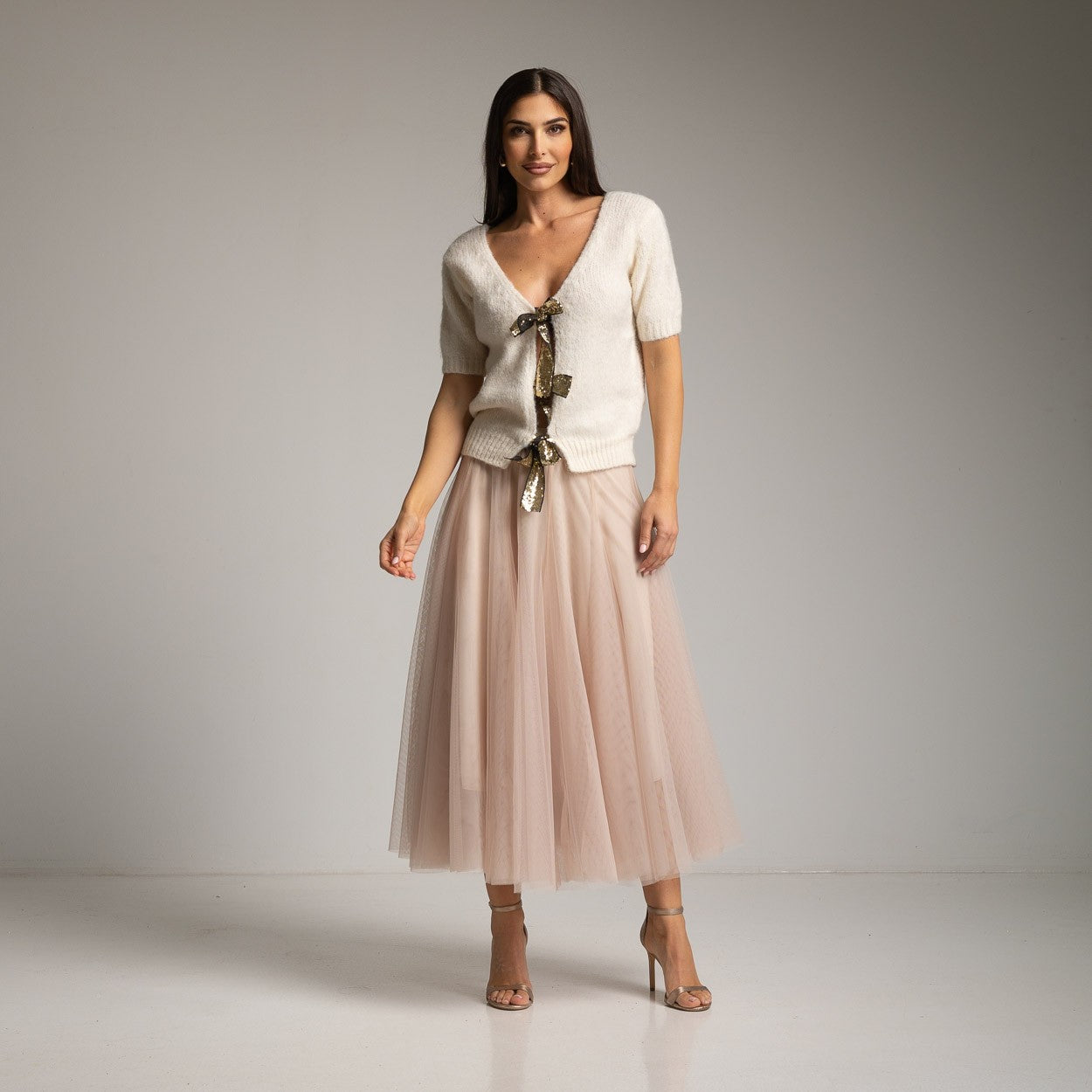 WHITE CREAM TRICOT KNIT SWEATER WITH BOWS