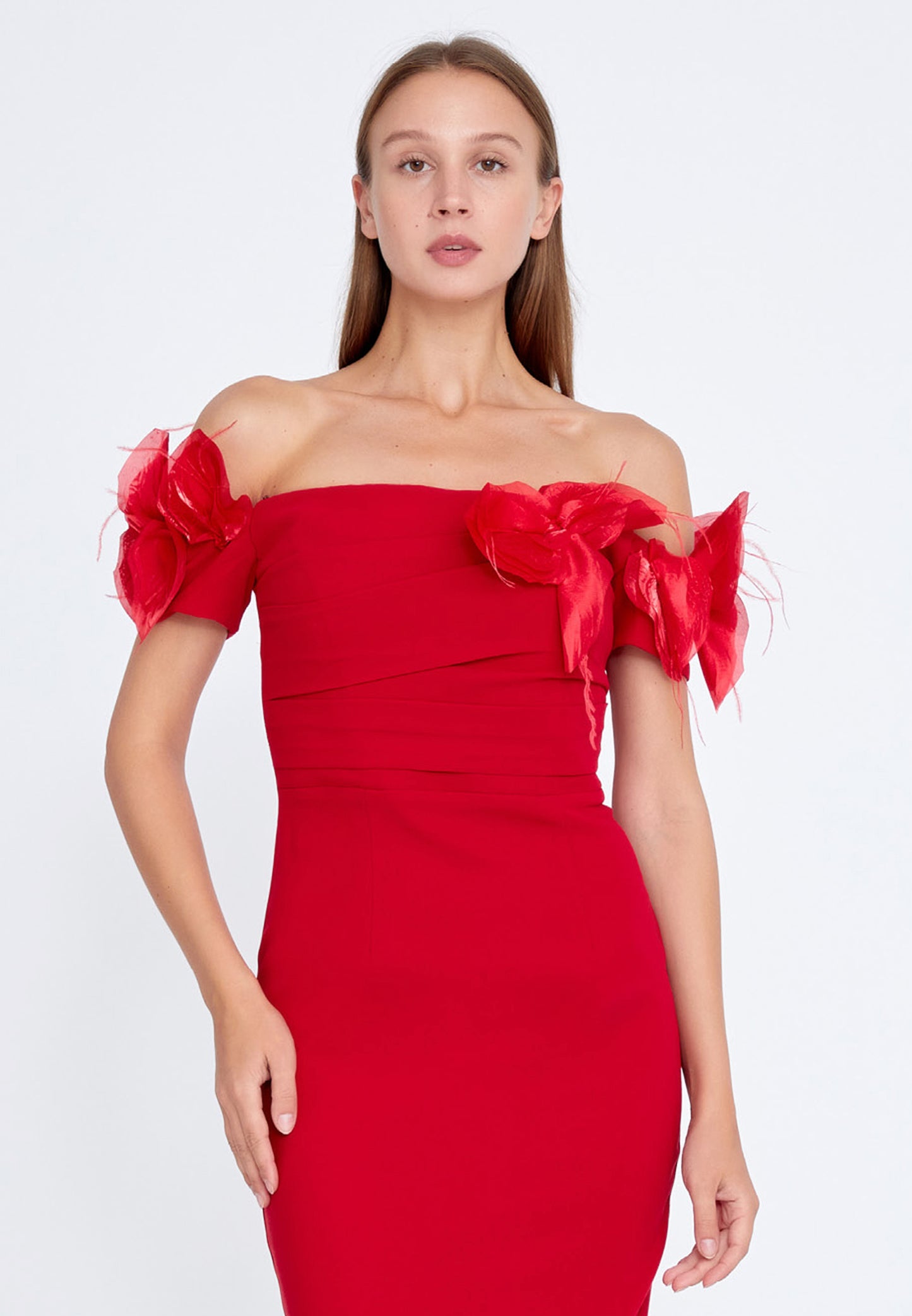RED OFF SHOULDER FLOWERS COCKTAIL DRESS