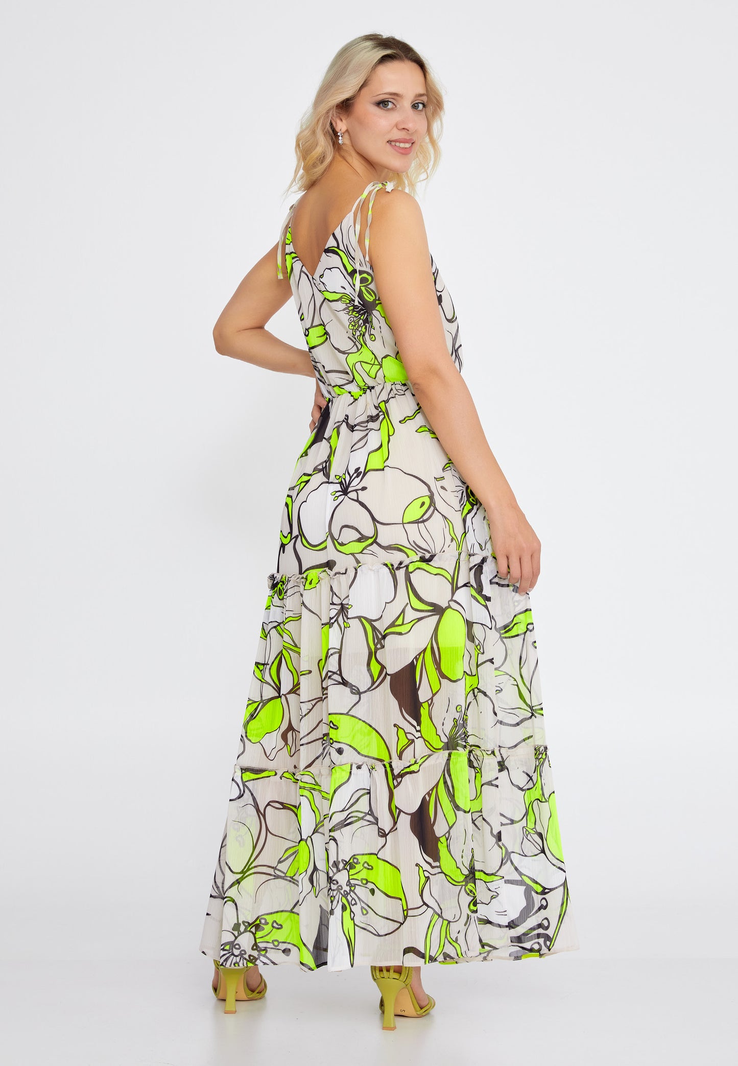 LONG CHIFFON YELLOW FLOWER PRINT DRESS