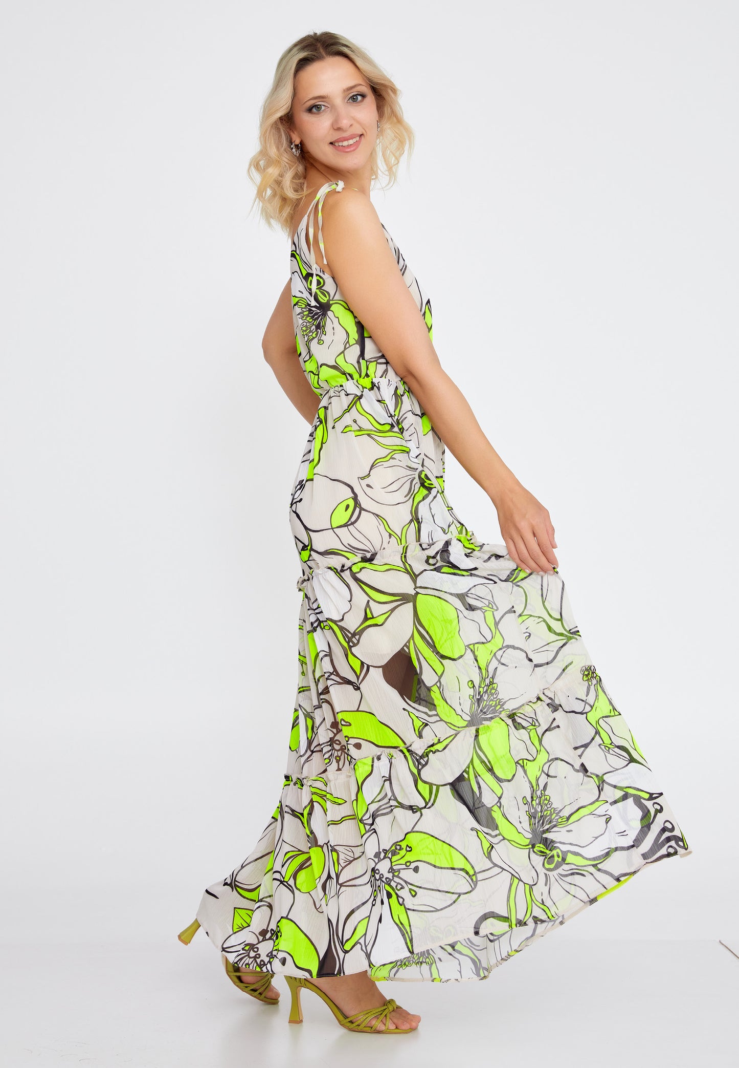 LONG CHIFFON YELLOW FLOWER PRINT DRESS