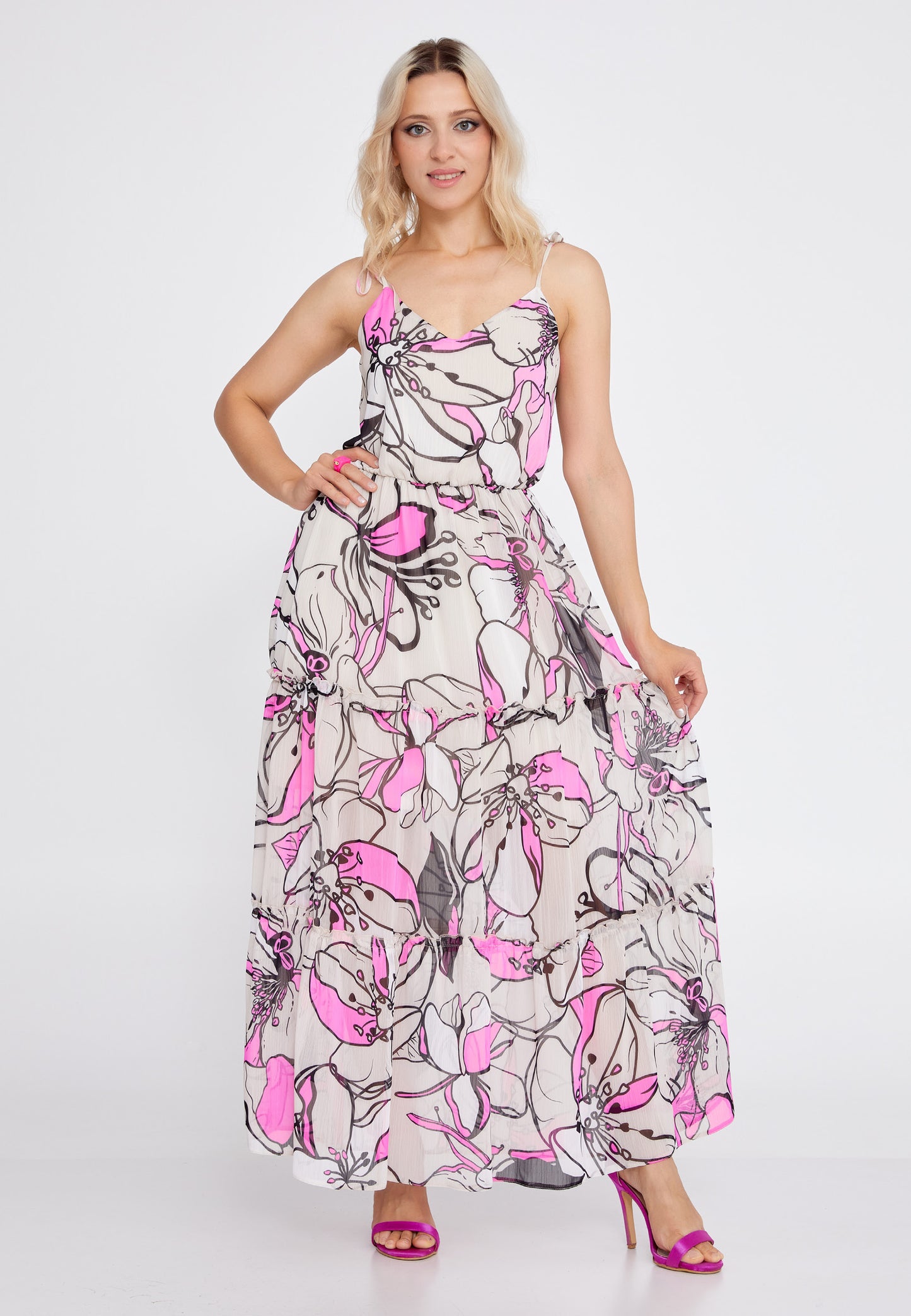 LONG CHIFFON PINK SUMMER DRESS WITH PINK FLOWERS PRINT