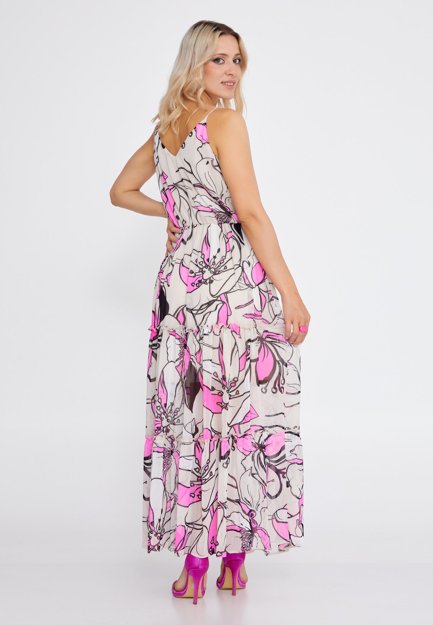 LONG CHIFFON PINK SUMMER DRESS WITH PINK FLOWERS PRINT