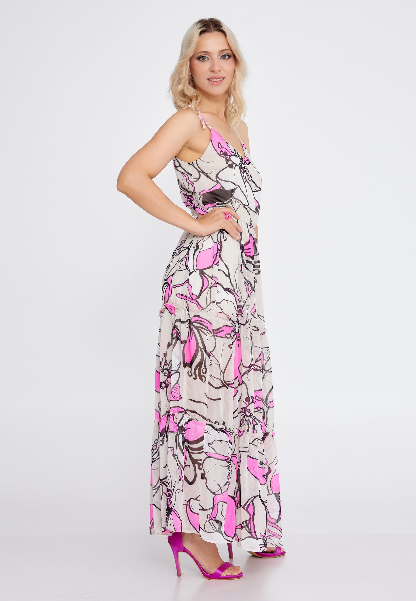 LONG CHIFFON PINK SUMMER DRESS WITH PINK FLOWERS PRINT