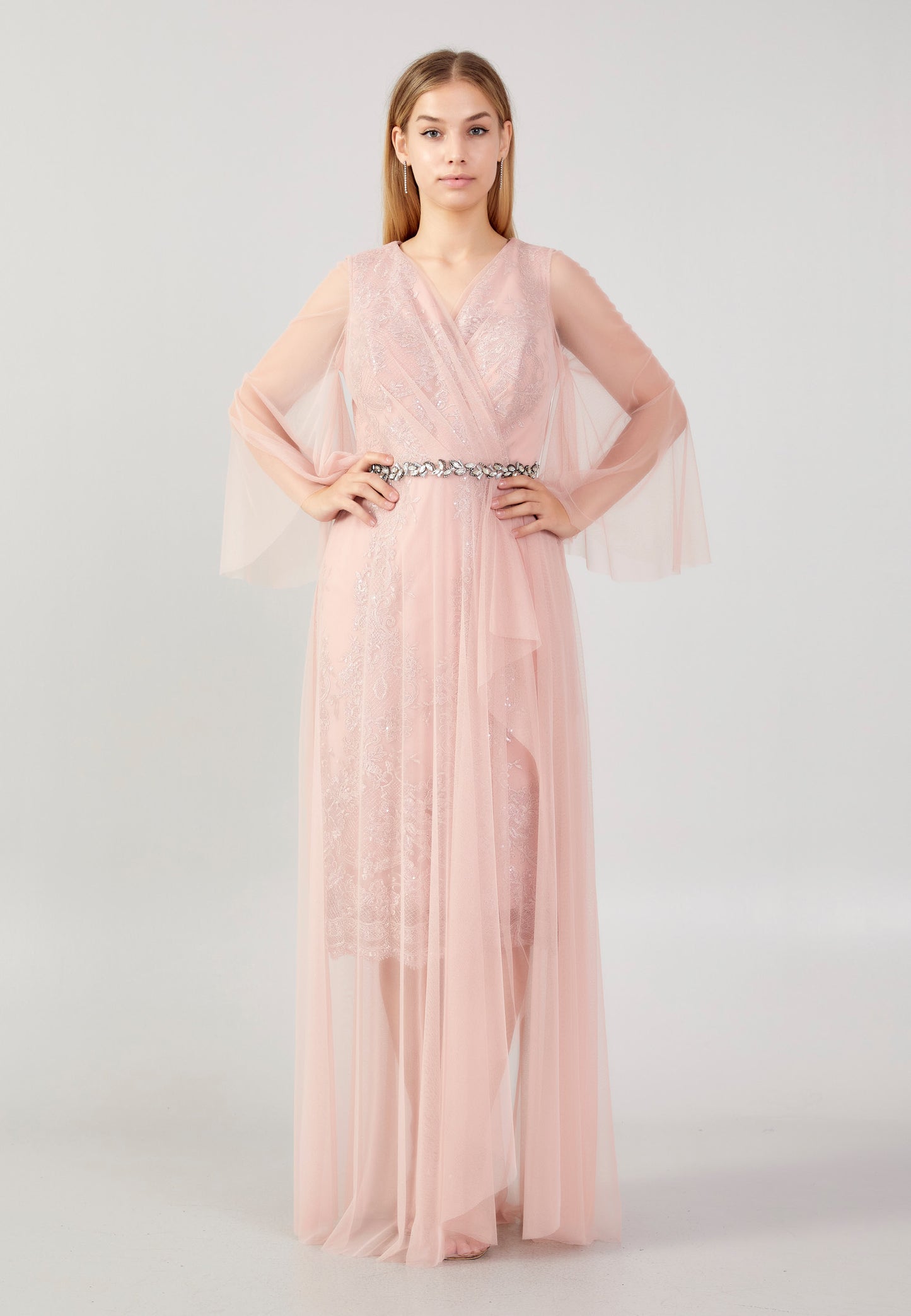 Romantic powder pink lace tulle dress